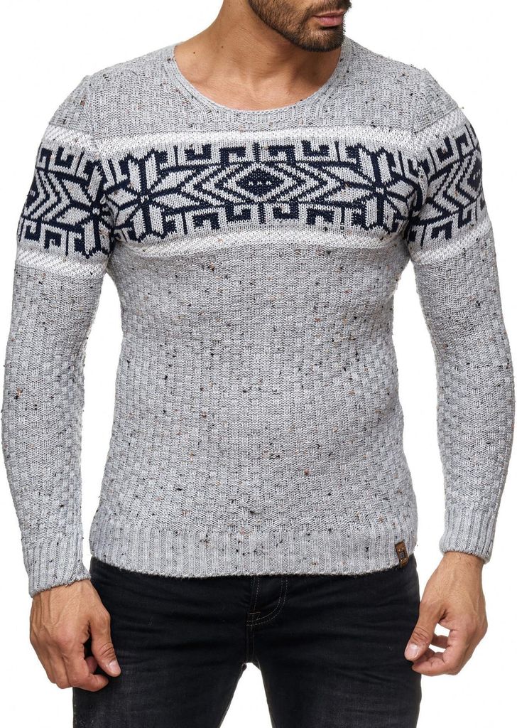 Herren Strickpullover Rundhals Norwegerpullover Muster RS-18003 Grau S