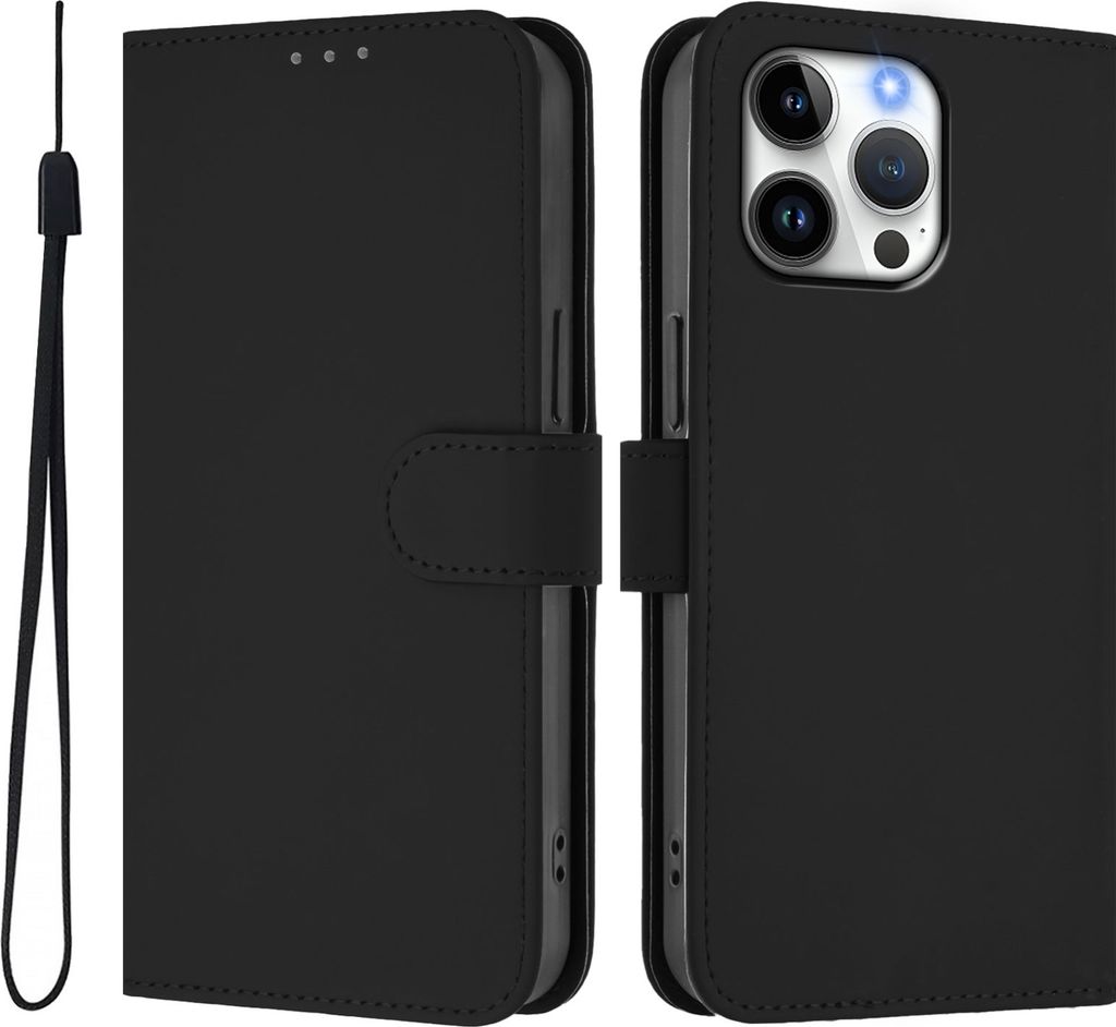 Hülle für Apple iPhone 16 Pro Max - Phonesta Soft Skin Book Wallet Klapphülle mit Kordel - Schwarz