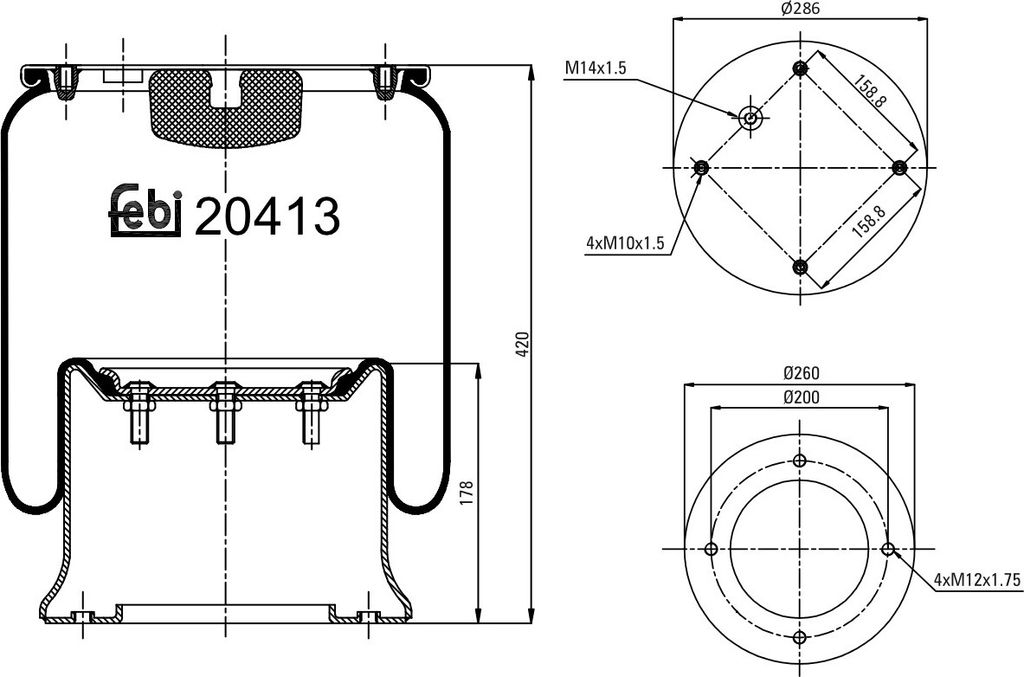 FEBI BILSTEIN Luftfederbalg 20413 Hinten für SCANIA 3 - series 420 178mm 286 260mm