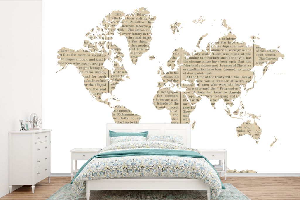 MuchoWow Fototapete für Wohnzimmer oder Schlafzimmer Wandtapete Vinyl Motivtapete Weltkarte - weiß - Zeitungspapier - 420x280 cm - Zimmer für ...