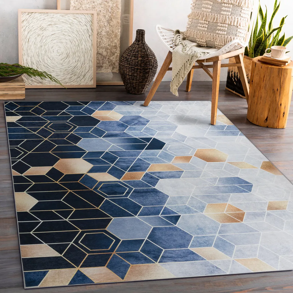 Tapis de salon bleu 160x220 cm lavable à motif géométrique cube ANDRE