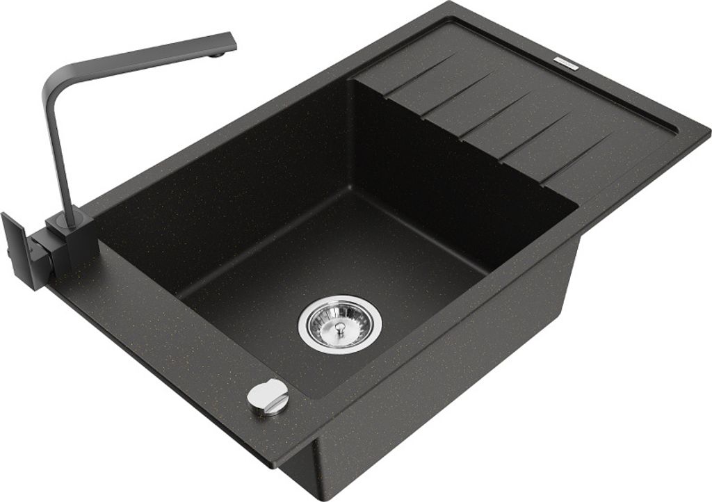 Mexen Elias 1 Becken-Granitspüle mit Abtropffläche und Mischbatterie Rita, Schwarz/Gold metallisch - 6511-75-670300-70