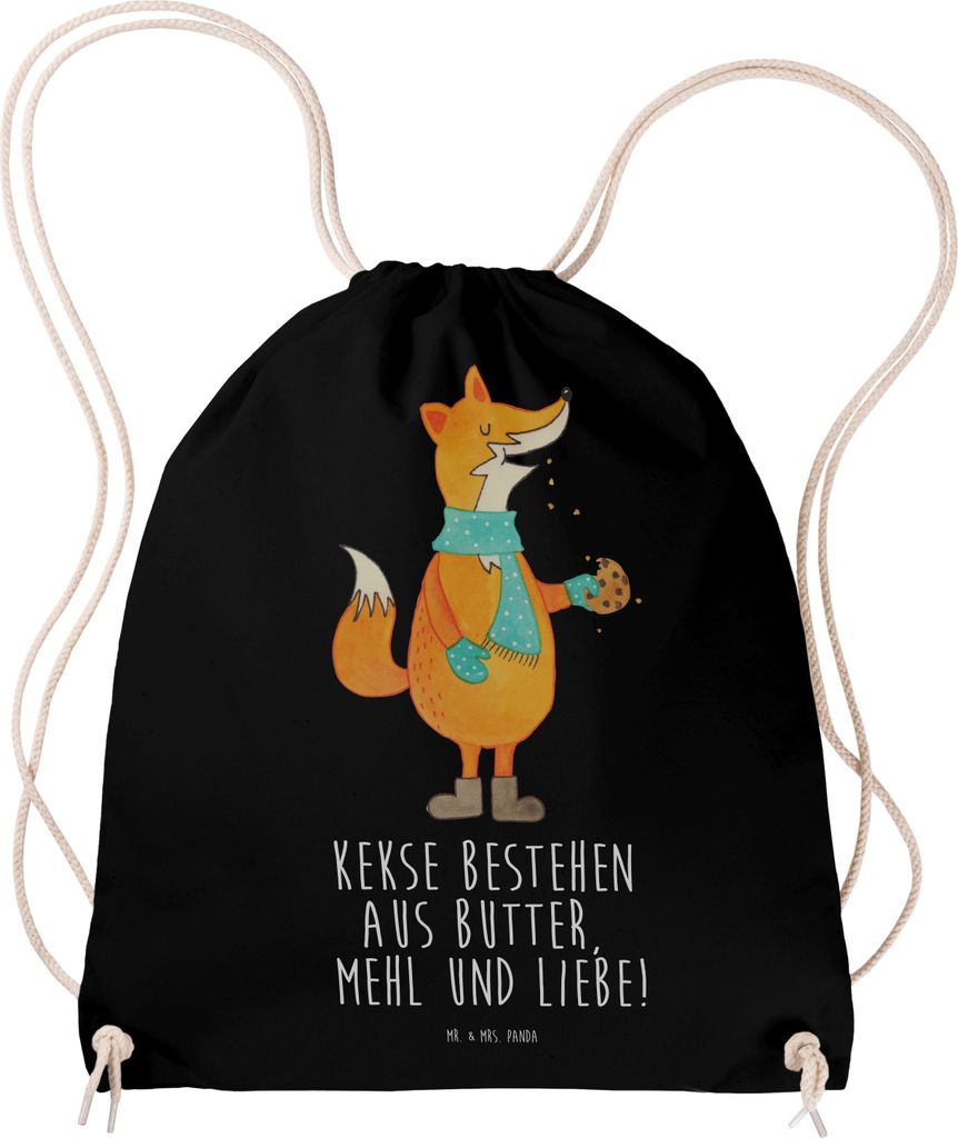 Mr. & Mrs. Panda Jutebeutel Fuchs Keks - Schwarz - Geschenk, gymnastiktasche, leichter rucksack, Winter, Frieren, Beutel, Weihnachtlich, kordelruck...