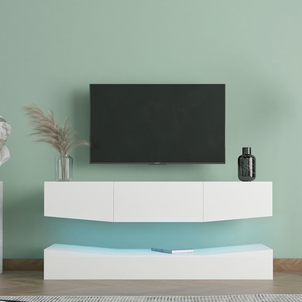 TV-Schrank zweistufiges TV-Lowboard mit LED Beleuchtung UV Hochglanz modernes Wohnzimmer TV-Moebel Wandmontage und Standmontage Weisses W120xD40xH...