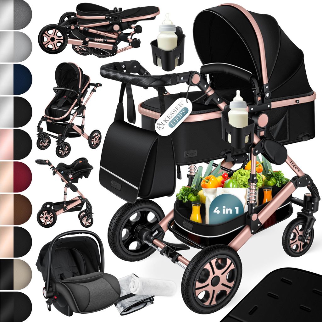 A collage of a black and rose gold 4-in-1 stroller set, showcasing different configurations and accessories, with color swatches on the left.