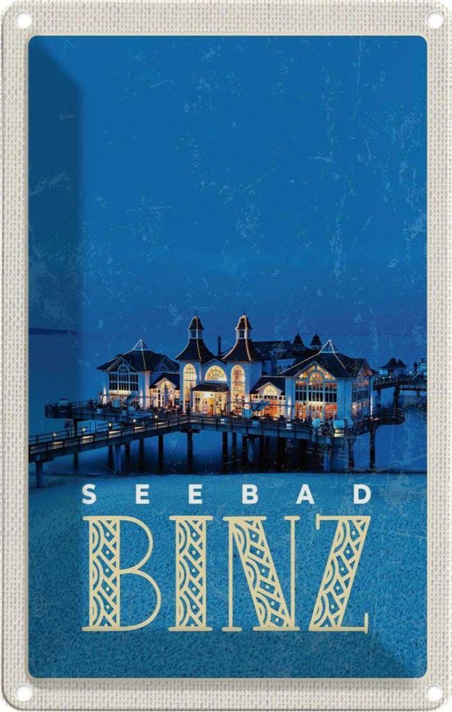 vianmo Blechschild 18x12 cm Binz Seebad Haus Abend Bildmotiv Reisemotiv Abenteuer Reisen Urlaub