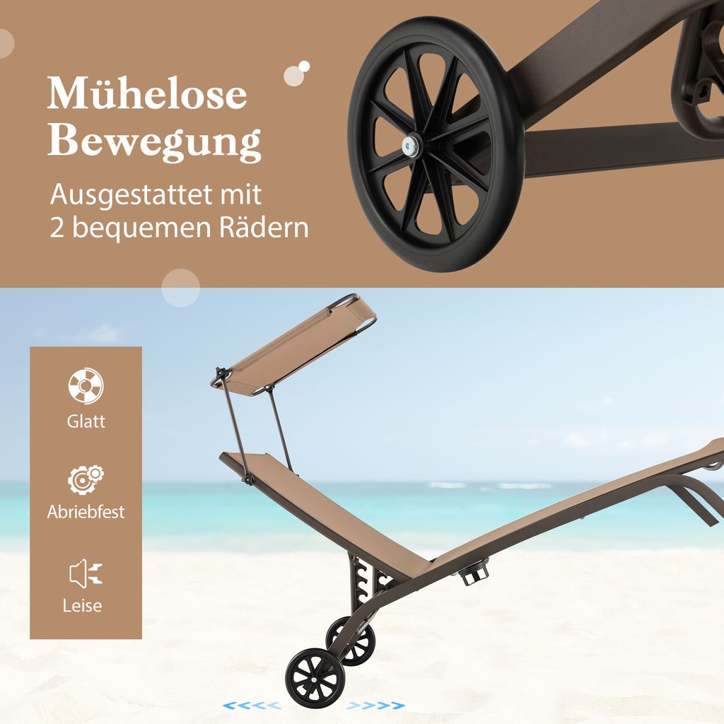 COSTWAY Sonnenliege mit Rollen, Dach und Getränkehalter, Produktbild 5