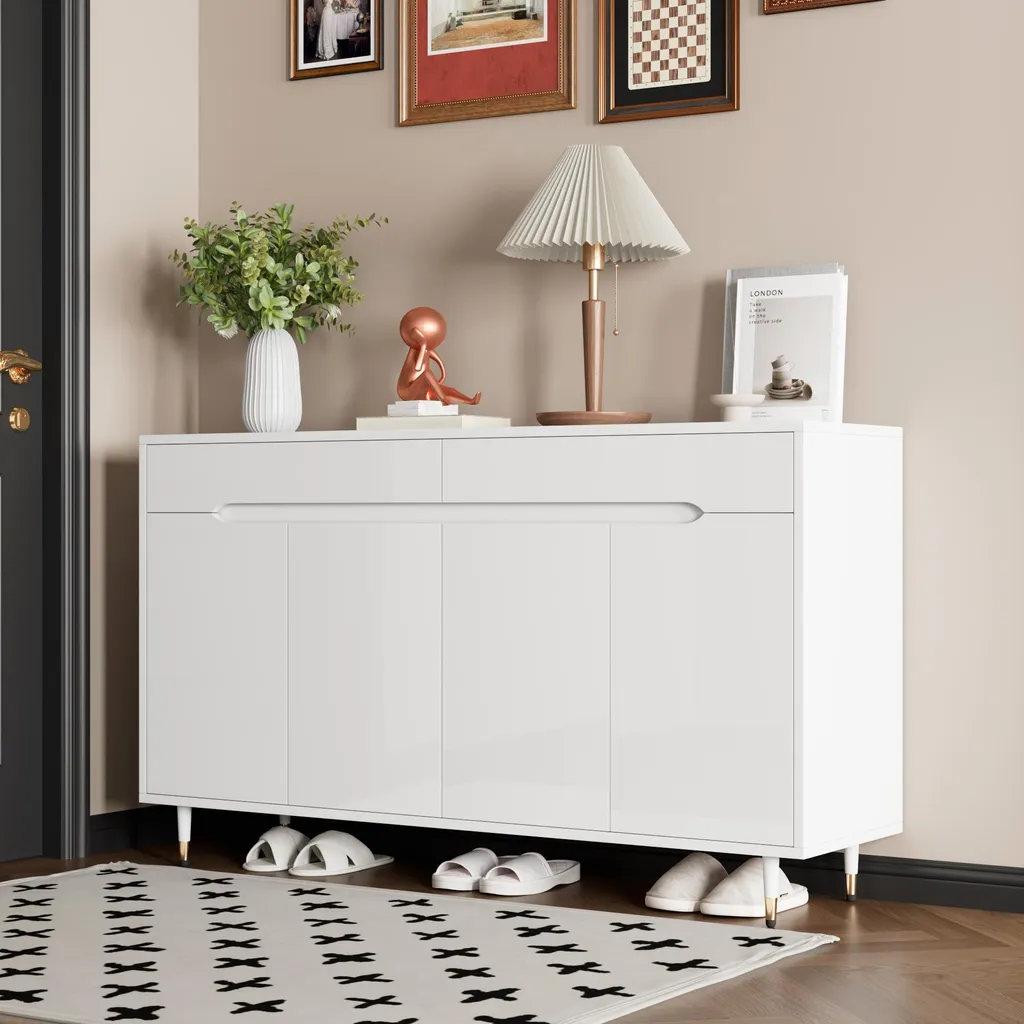 Rangement chaussures pour entrée 140cm, armoire blanche anti-bascule