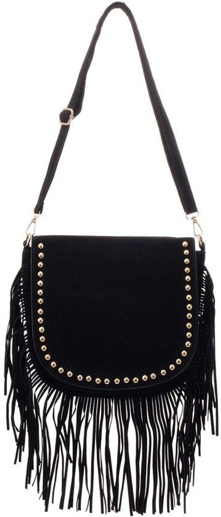 Schoudertas voor Dames - Crossbody tas met Franjes en Studs - Polyurethanleren Damestas - 30 x 27 cm - Zwart