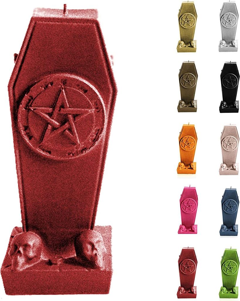 Candellana Kerze Sarg mit Pentagramm - Höhe: 17 cm - Brennzeit 35h - Halloween - Handgefertigt in der EU - Rot