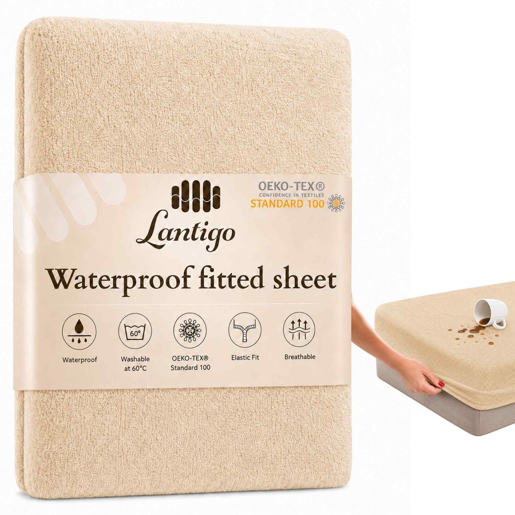 Lantigo Spannbettlaken wasserdicht Frottee 70x190 cm Beige, Produktbild 