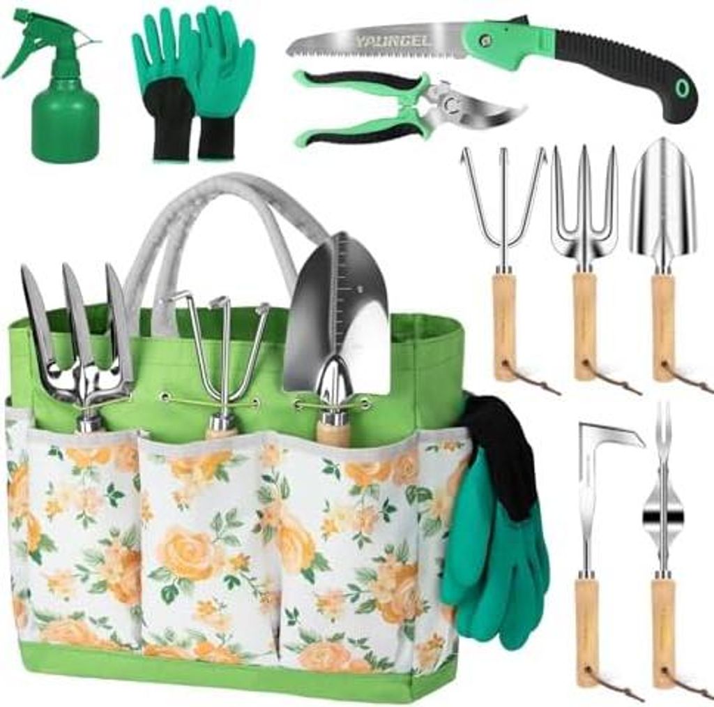 YAUNGEL Gartenwerkzeug Set 10 Stück Schwerlast Edelstahl Gartenarbeit Kit Gartengeräte Set mit Non-Slip Holzgriff- Garten Geschenke Verpackung f...