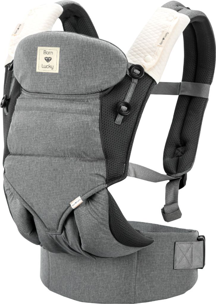 Born Lucky Babytrage (4–36 Monate) – Ergonomische Bauch- und Rückentrage mit Sonnenkapuze & atmungsaktivem Netz - Grau