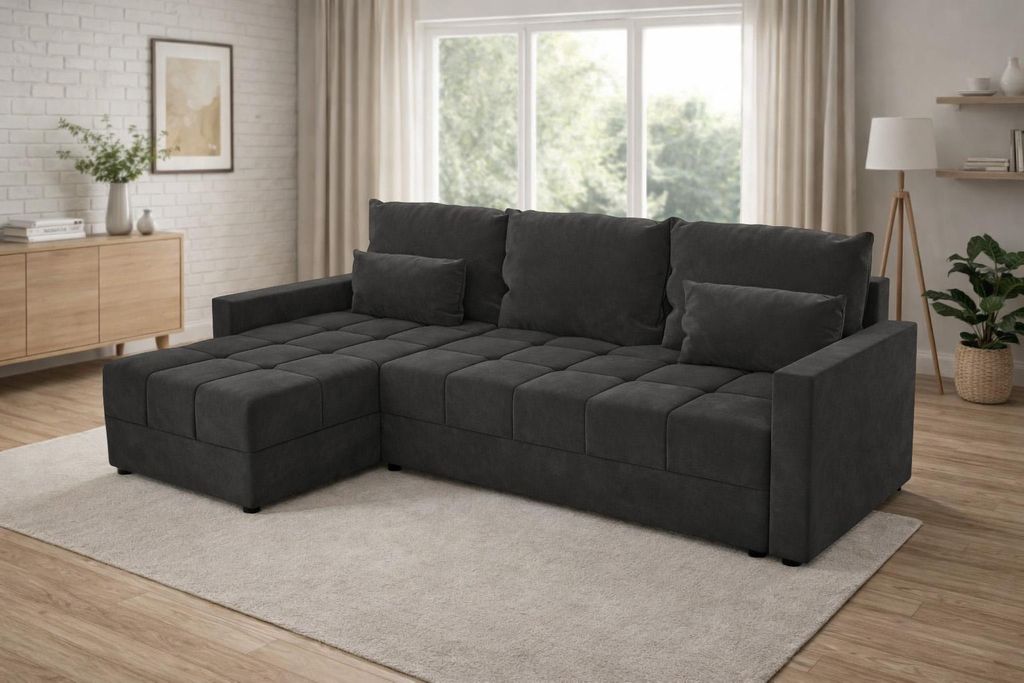 Ecksofa DOMINO L mit Schlaffunktion, Bettkasten, L-Form Sofa Graphit, 226 cm, universal montierbar