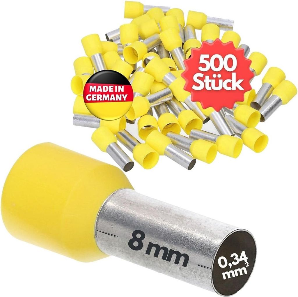 500 Stück Kalitec AE03408GE Aderendhülsen isoliert 0,34mm² 8mm lang gelb I Germany I Industriequalität