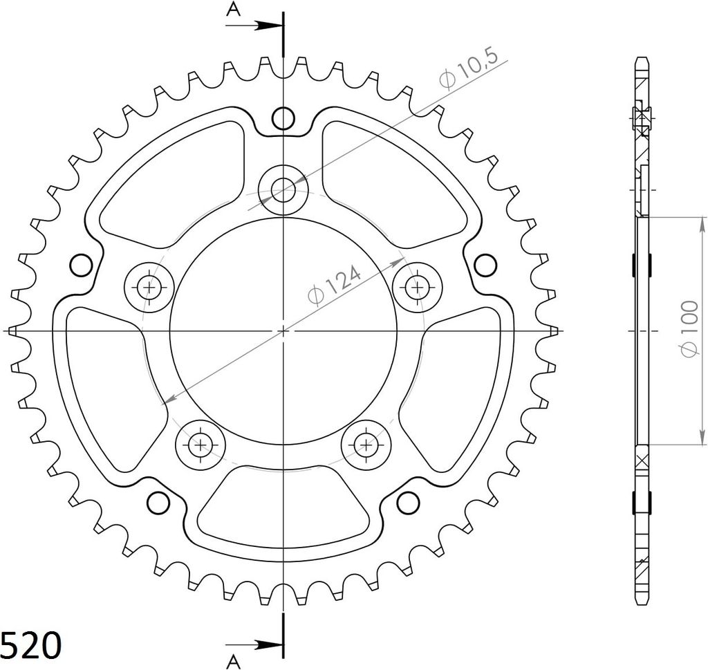 Stealth-Kettenrad Supersprox 520 - 46Z (silber) RST-743:46-SLV|ID 100,0 LK 124,0 5-Loch
