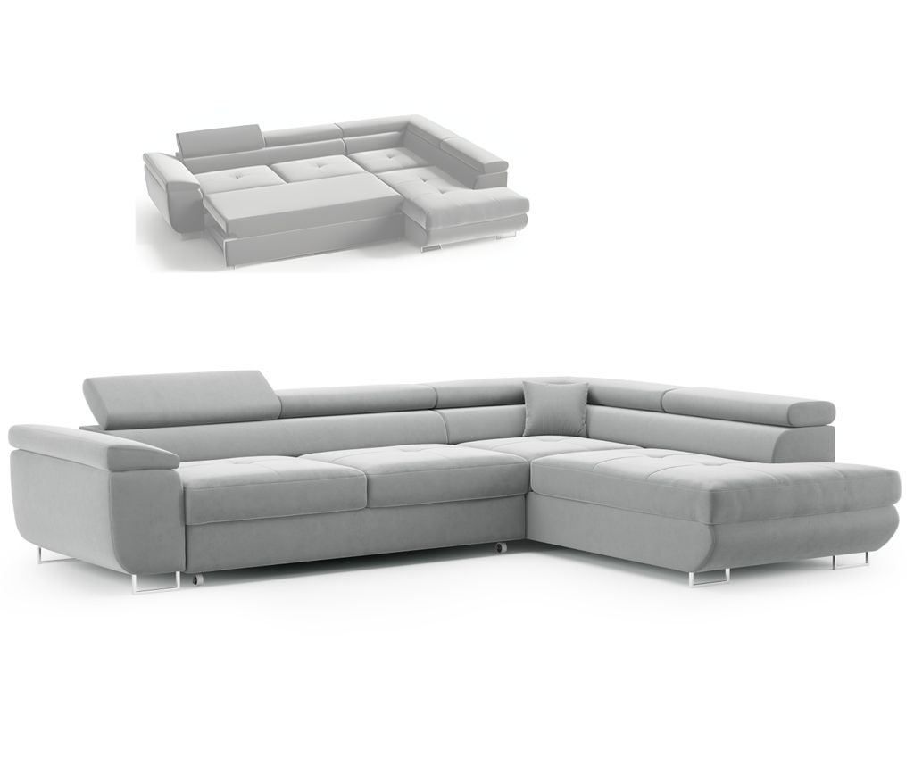 A light gray sectional sofa is shown against a white background. A smaller, faded image of the same sofa is displayed above it.