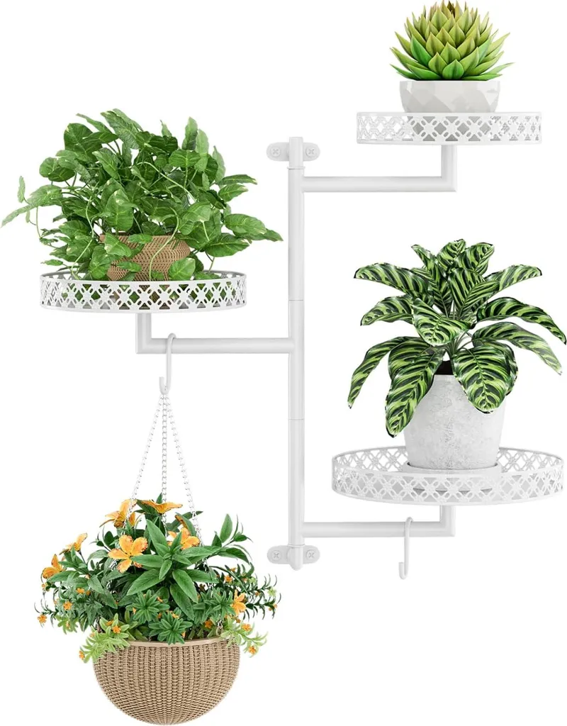 Étagère plantes 3 niveaux blanc avec plateaux pivotants gain de place