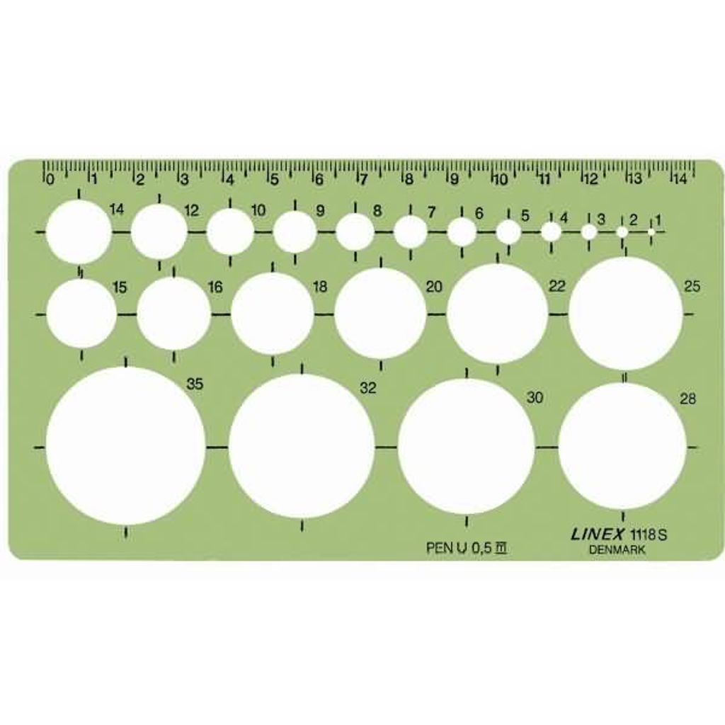 Linex 1118S Kreisschablone, 22 Kreise von 1-35mm, Tuschenoppen, für Tuschefüller bis 0,5mm, mm-Skala an einer Seite, 160 x 90 mm