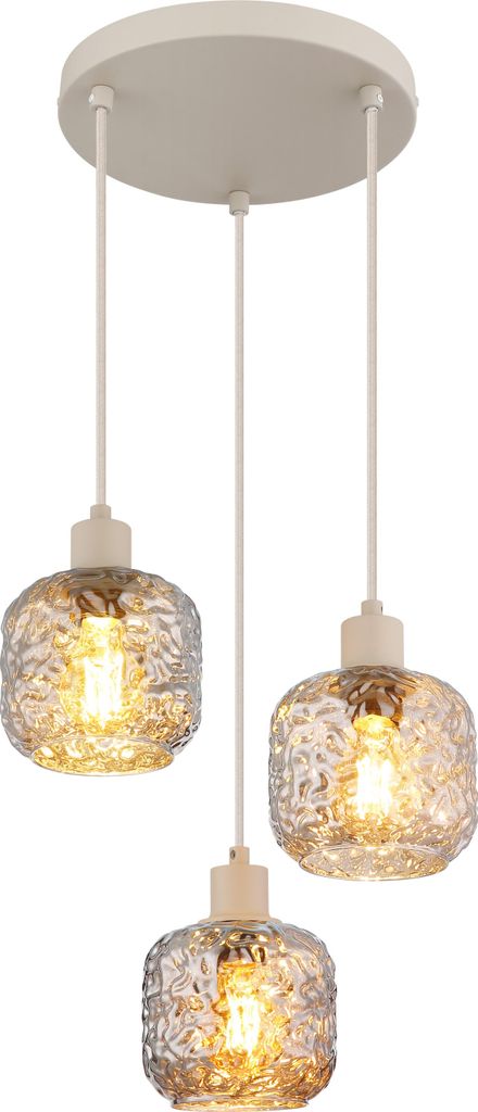 GLOBO 15973-3H ANTONIO Hängeleuchte Metall beige matt, Glas rauchfarben, verchromt, Kabel Textil beige, Höhe kürzbar, Gläser mit Dellen, ø: 35...