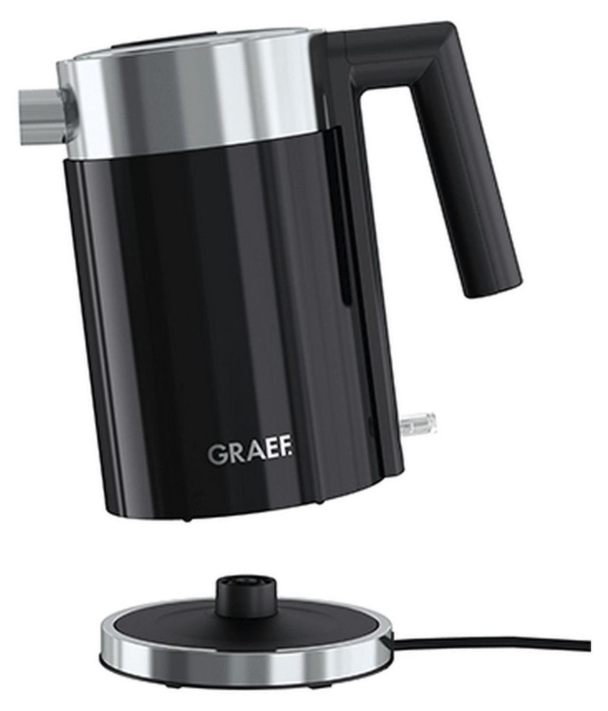A black electric kettle with silver accents is shown standing on its base.