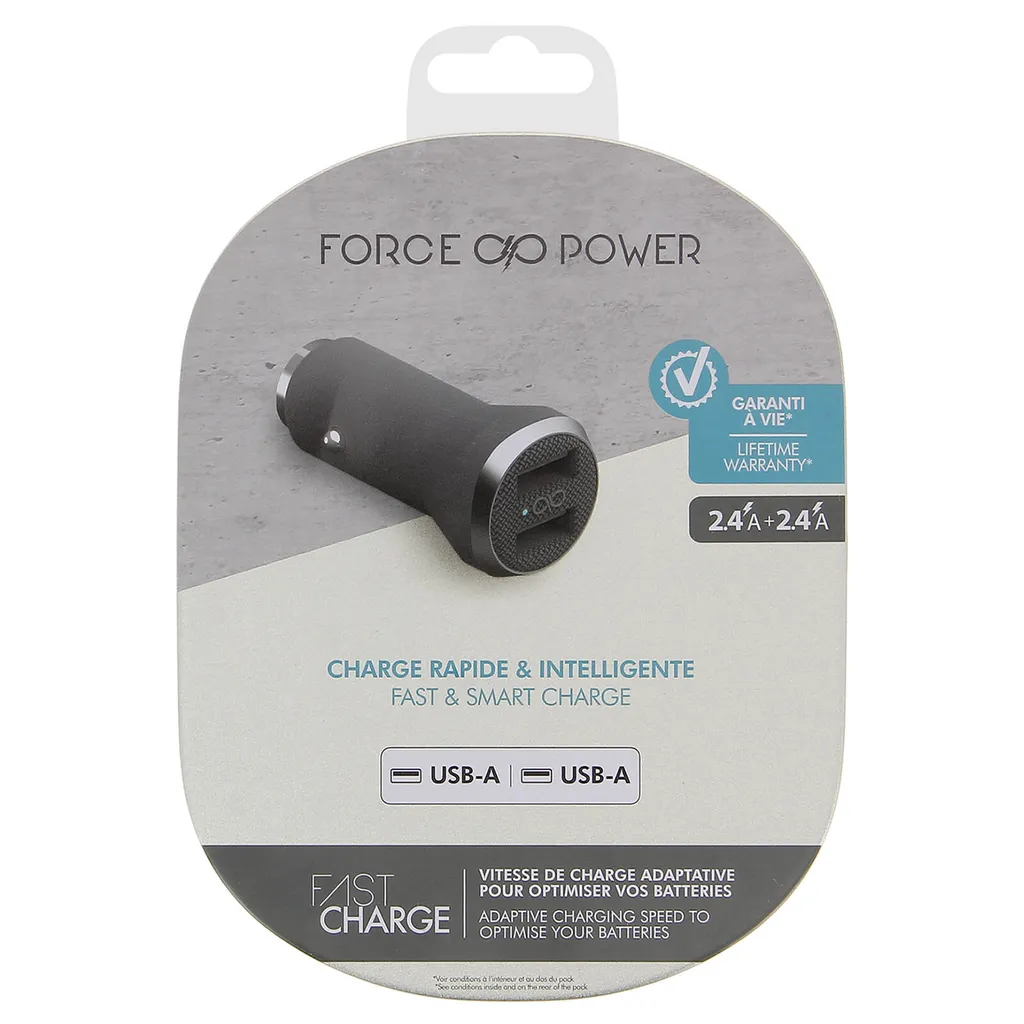 Chargeur de voiture 2 USB 4.8A Force Power Gris : Idéal pour vos Trajets - 4