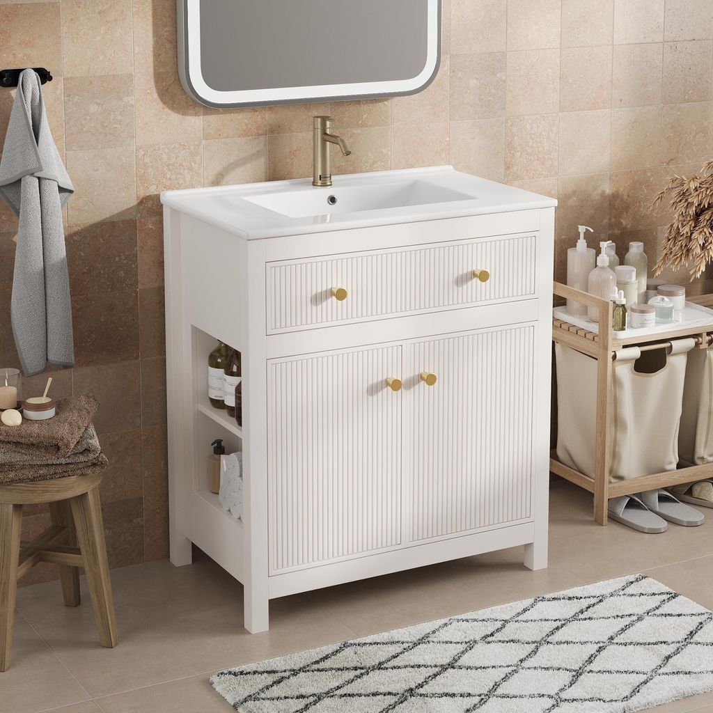 Flieks Badezimmerunterschrank mit Keramikbecken, Waschtischunterschrank mit Soft-Close, Waschtisch 81x46.5x86.5cm, Weiß