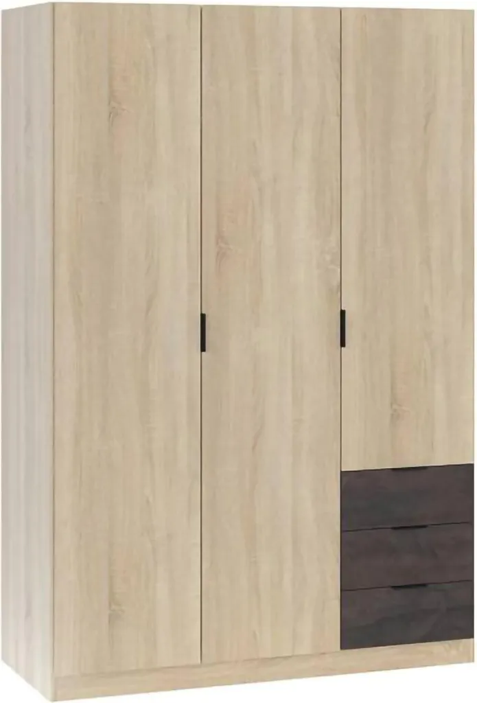 Grande Armoire 3 Portes en Bois Chêne Marron 121 cm Portemanteau Apaches