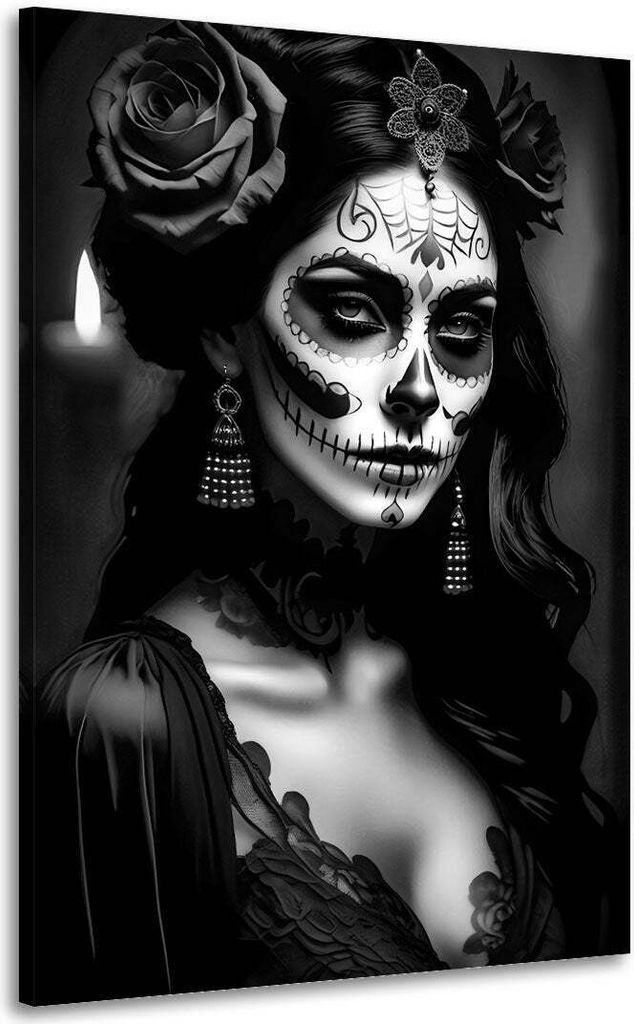 La Calavera Catrina Wandbild Leinwandbild Kunstdruck Wanddeko schwarz weiß: 60x90x2cm