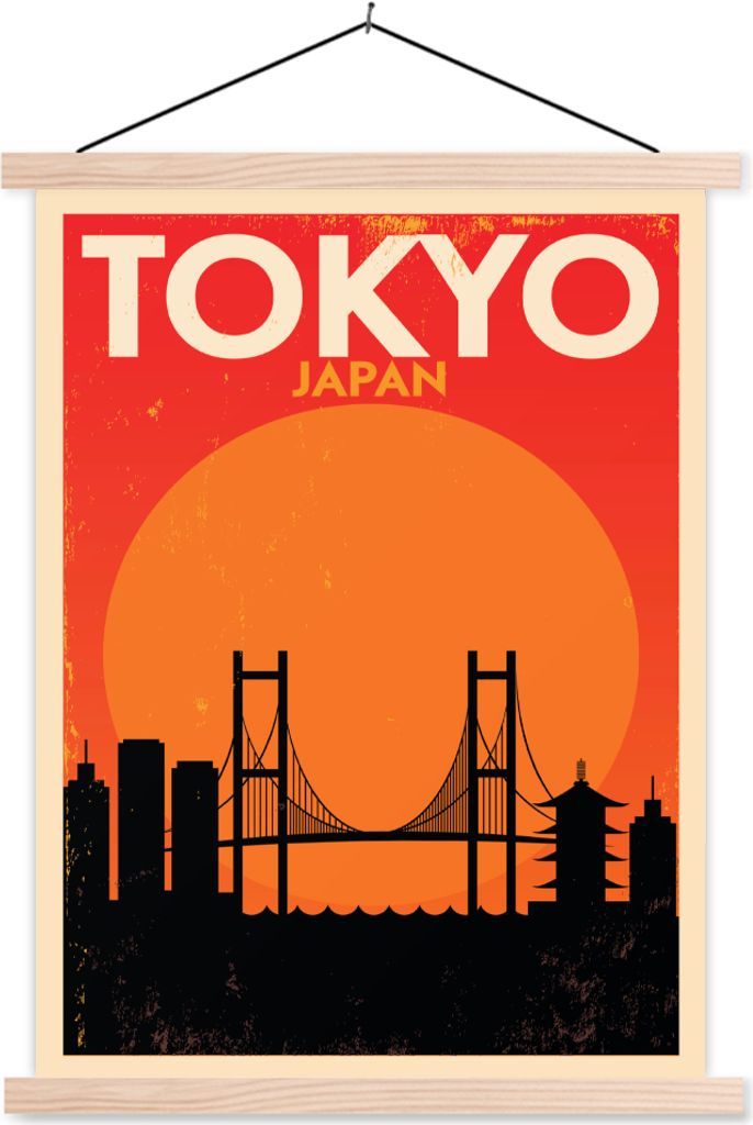 MuchoWow Textilposter Japan - Vintage - Brücke - Illustration 40x53 cm mit holzfarbenen Rahmen - Schlafzimmer