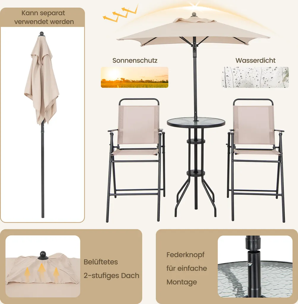 Set bistrot pliable 4 pièces : table, chaises et parasol de protection