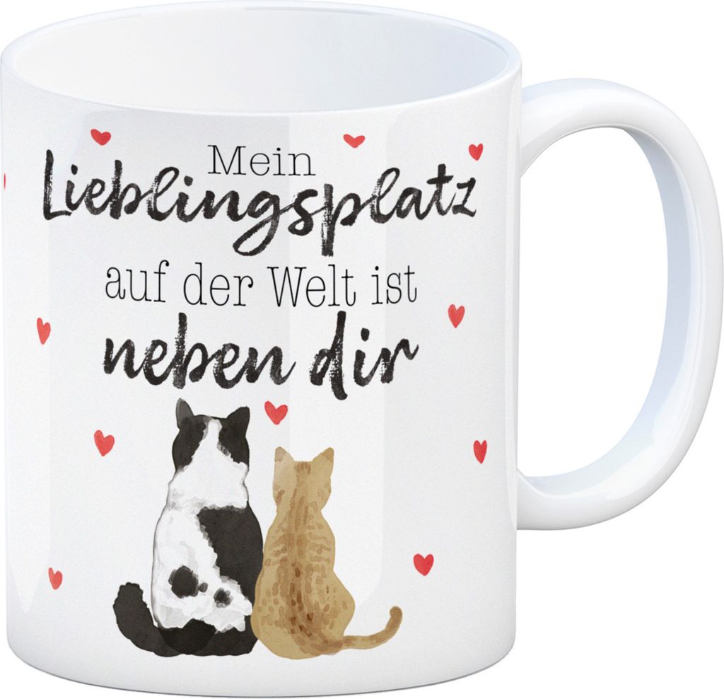 Katzenpaar Kaffeebecher mit Spruch Mein Lieblingsplatz ist bei dir
