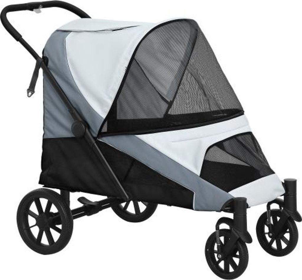 124x67x100 cm Grau Hundewagen Hundebuggy klappbar fuer grosse Hunde Katzen bis 30 kg mit Kissen Netzfenstern Aufbewahrungstasche Polyester