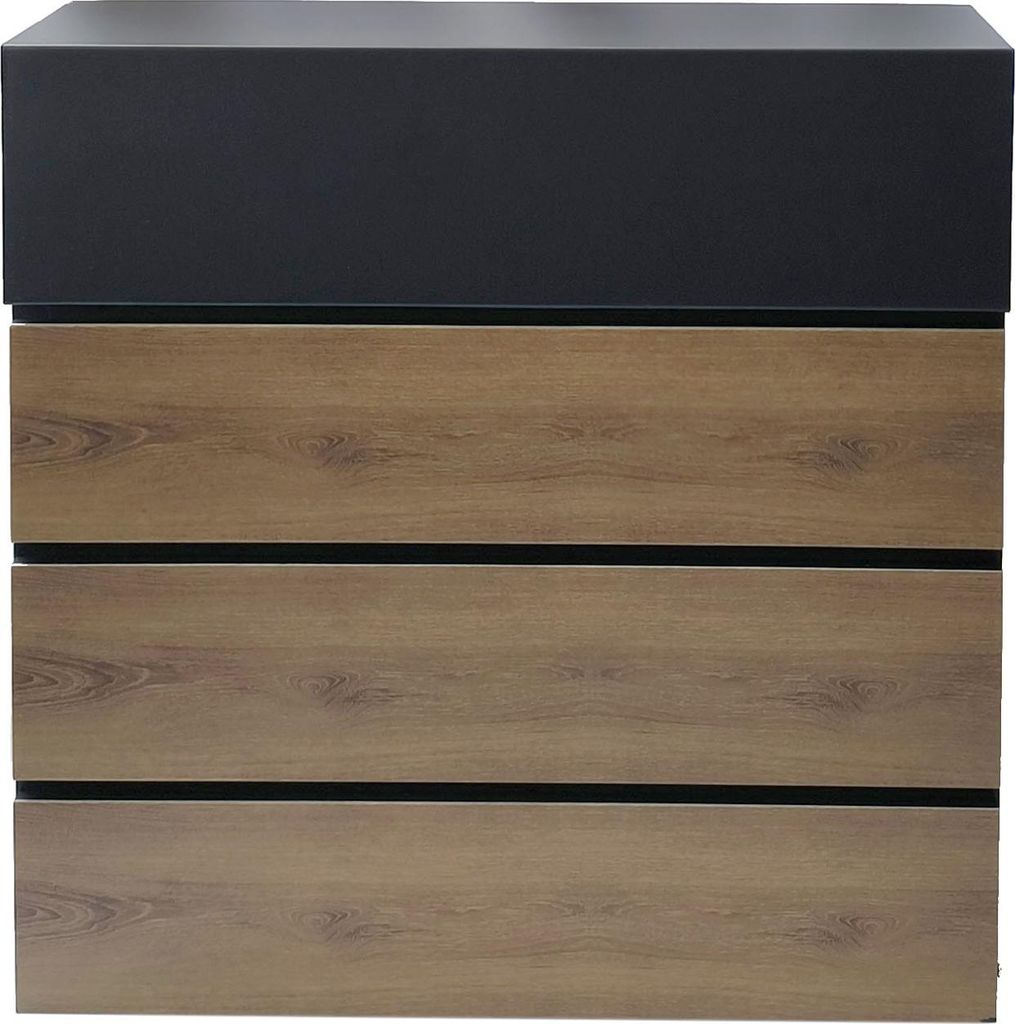 A front view of a mailbox with a wood-grain finish and a black top section.