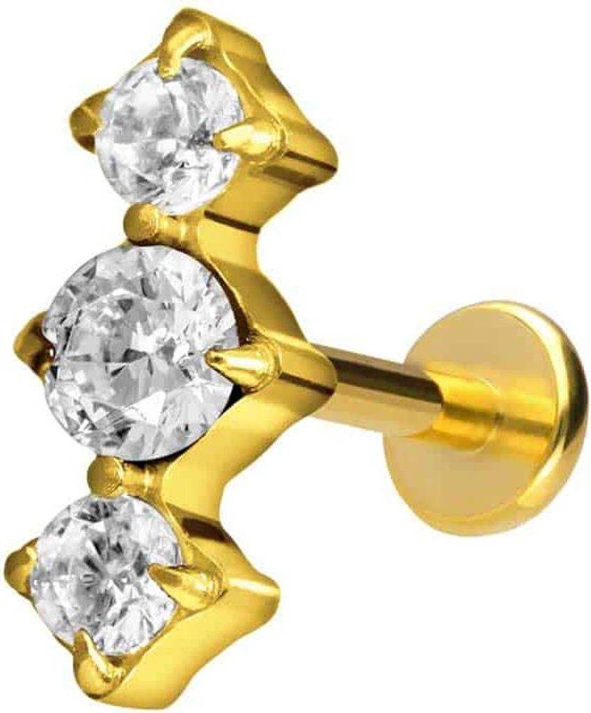 Ohrpiercing, Nasenpiercing Titan Labret mit Push Fit 3 EINGEFASSTE KRISTALLE Gold Stablänge: 9mm | Stabstärke: 1,2mm