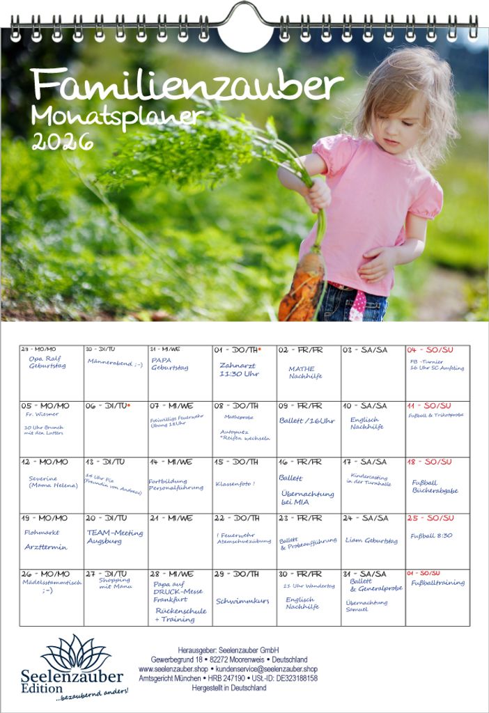 Kinderzauber Planer DIN A4 Kalender für 2026 Kinder - Seelenzauber