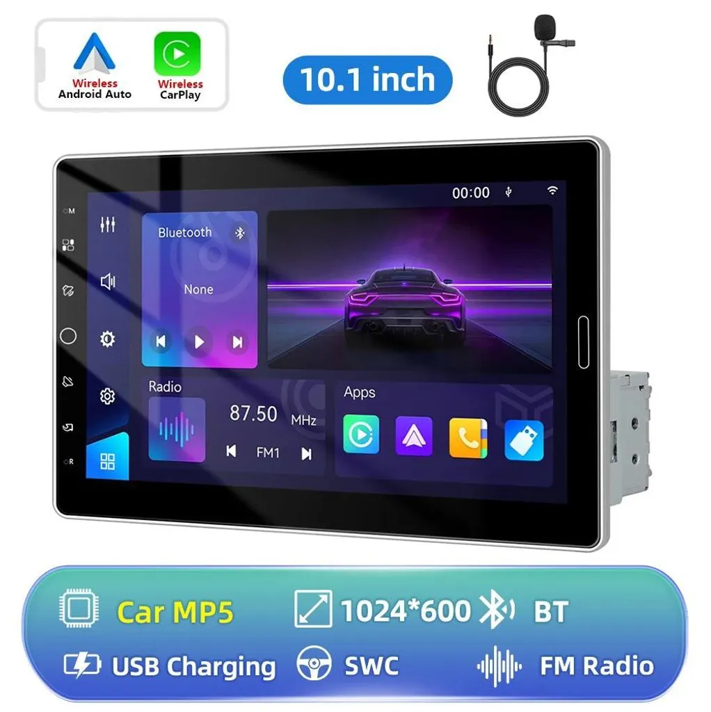 Poste radio voiture tactile 10 pouces 1-DIN avec lecteur multimédia USB