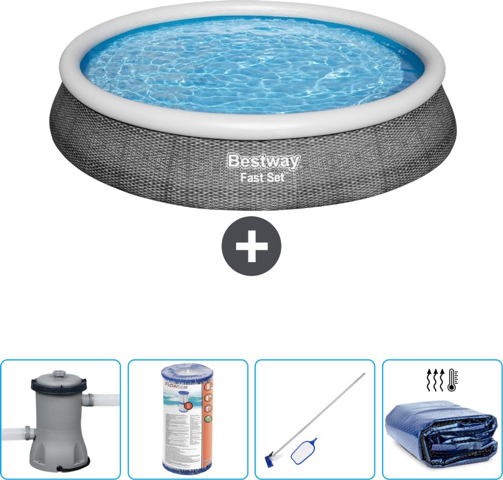 Bestway runder aufblasbarer Fast-Set-Pool – Rattan-Druck – 396 x 84 cm – inklusive Pumpe Filter - Reinigungskit - Sonnensegel