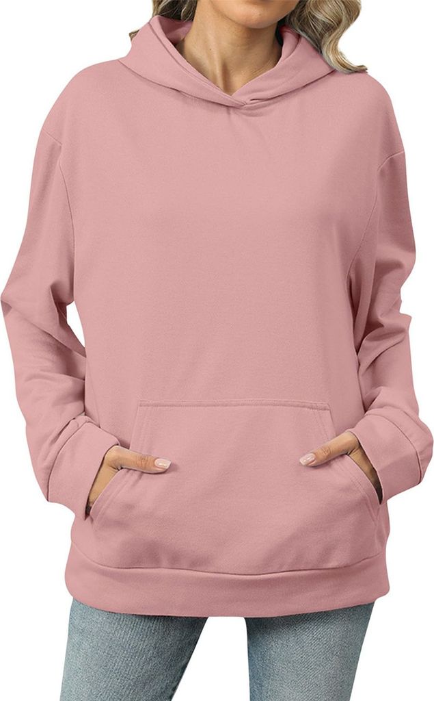 ASKSA Damen Kapuzenpullover Oversized Hoodie Pullover Einfarbig Sweatshirt Mit Tasche Streetwear Oberteile (Rosa,2XL)