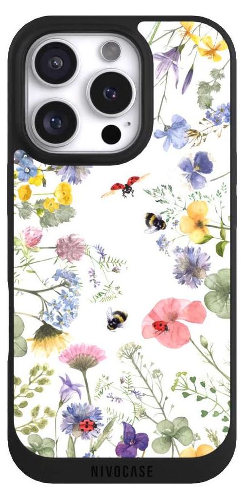 NIVOCASE Handyhülle für Apple iPhone 16 Pro Hülle NIVOpure Case Schwarz Biene Blumen Muster