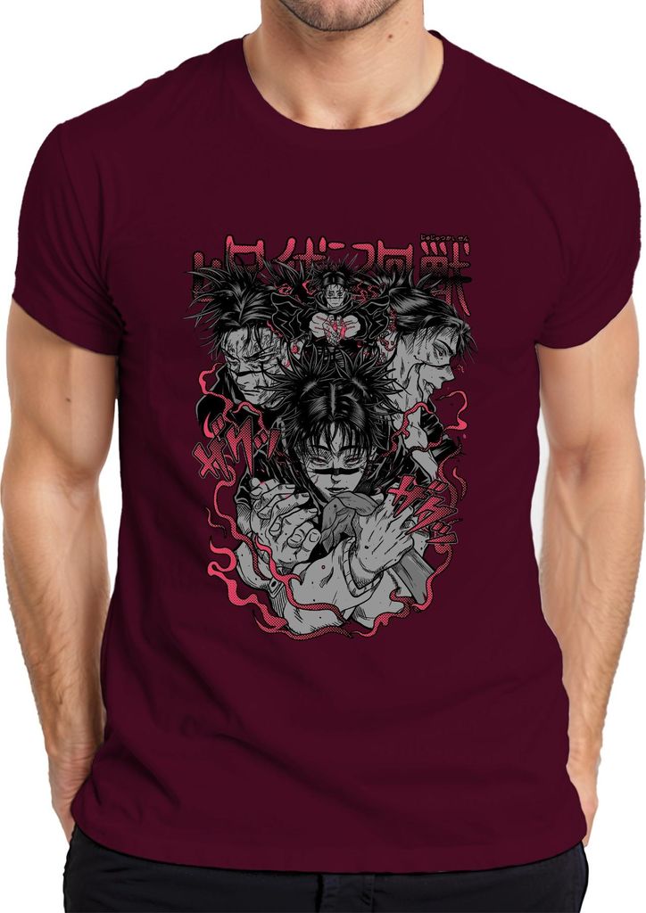 呪術廻戦 Sukuna Yuji Megumi Anime Manga Geschenk Anime Ästhetik Herren T-Shirt, Burgundy, 3XL