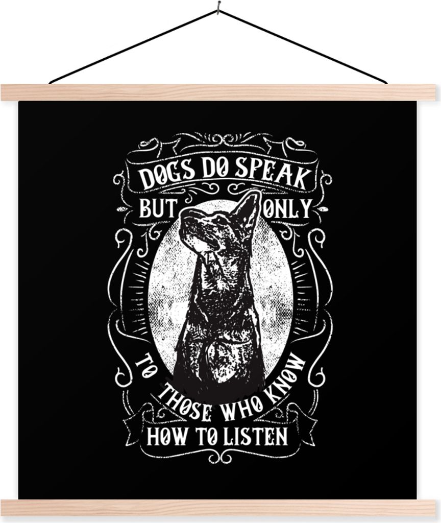 MuchoWow Textilposter Hund - Retro - Schwarz - Weiß - Spruch 40x40 cm mit holzfarbenen Rahmen - Posterleiste
