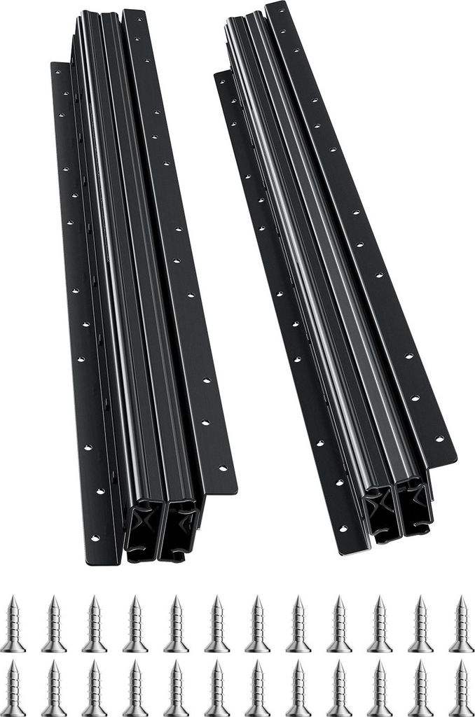 Two sets of black drawer slides and a collection of screws are displayed against a white background.
