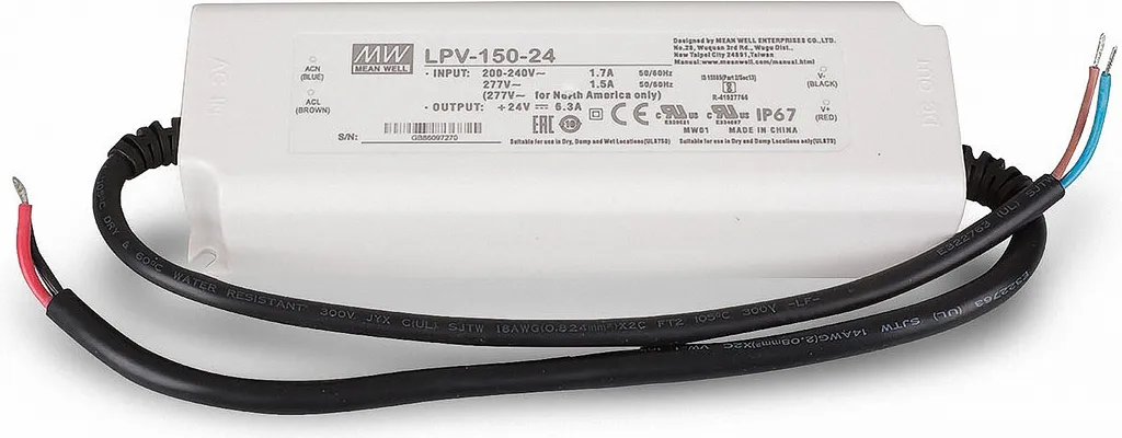 Alimentation LED 24V 150W Anti-Scintillement MEANWELL LPV-150-24 IP67
