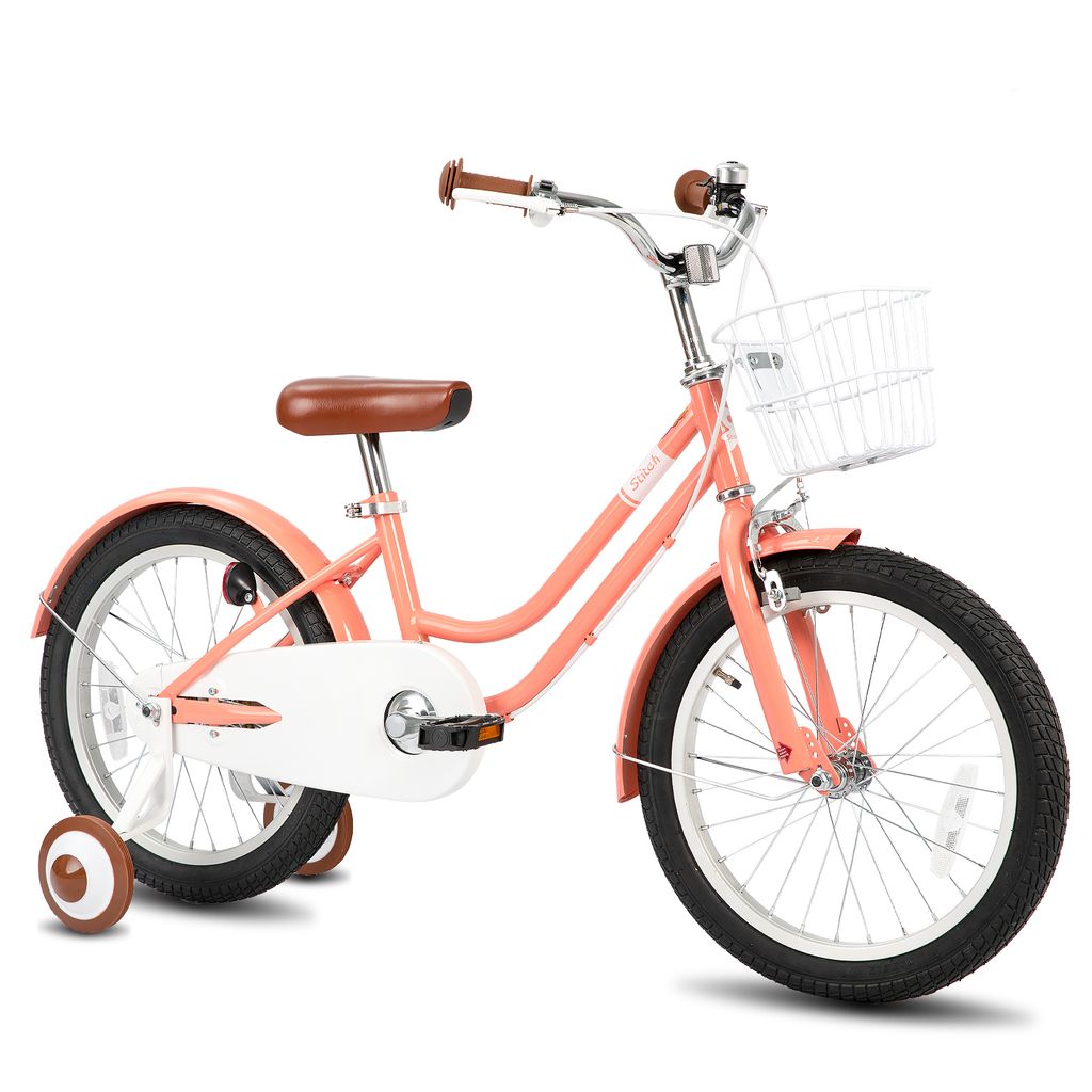 STITCH 18 Zoll Kinderfahrrad mit Korb, Schutzblechen, vollständigem Kettenkasten & Stützrädern,Geeignet für Anfänger, Kindergeschenk, Rosa