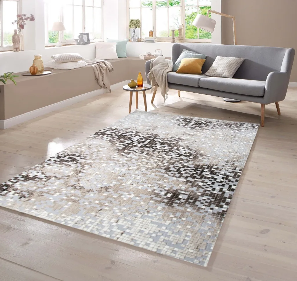 Tapis à contours découpés motif abstrait beige et gris 80 x 150 cm