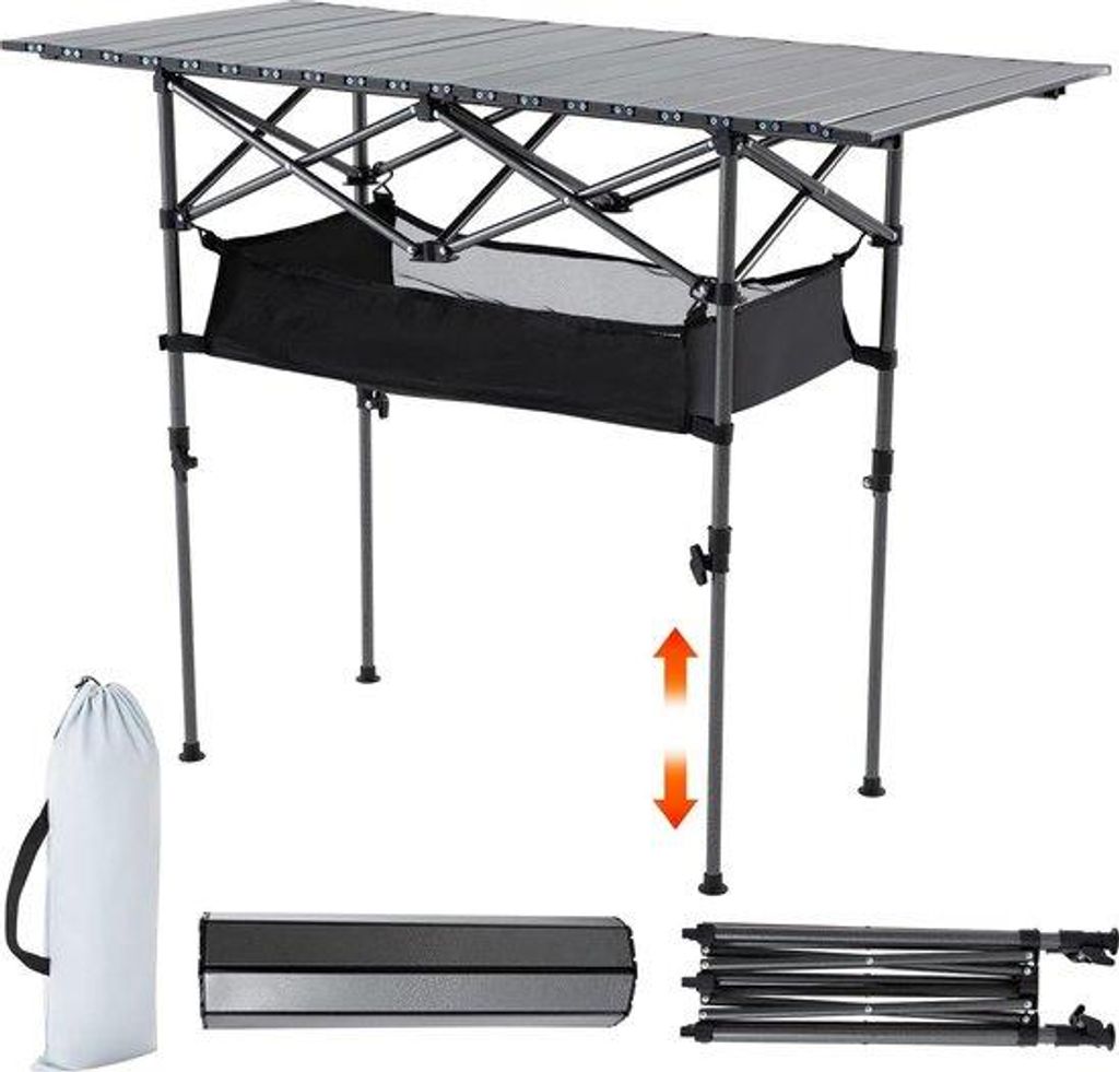 Opvouwbare, verstelbare campingtafel für 4-6 Personen, mit Netplank, in Höhe verstellbar, inkl. Beuteltasche