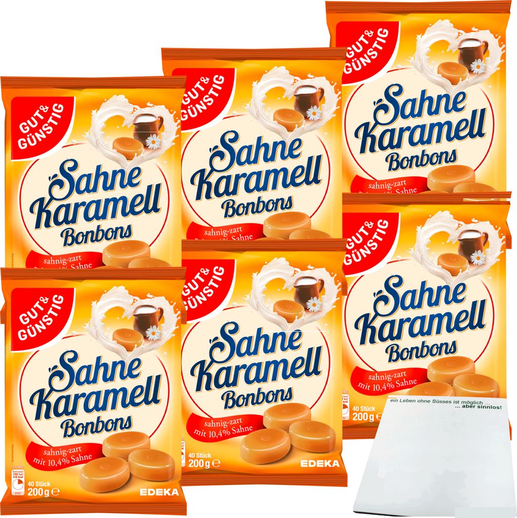 Gut & Günstig Sahne Karamellbonbons 6er Pack (6x200g Beutel) + usy Block