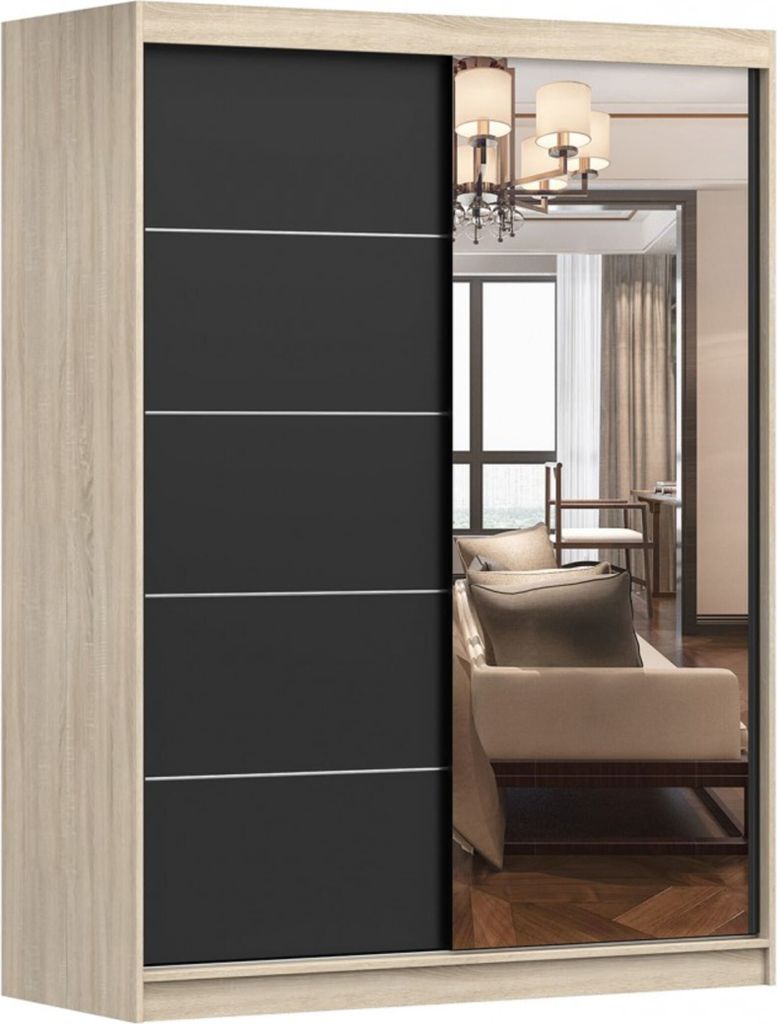 Kleiderschrank mit Spiegel Schwebetürenschrank 2-türig Schrank mit Einlegeböden und Kleiderstange Schiebtüren Schlafzimmer Wohnzimmerschrank 15...