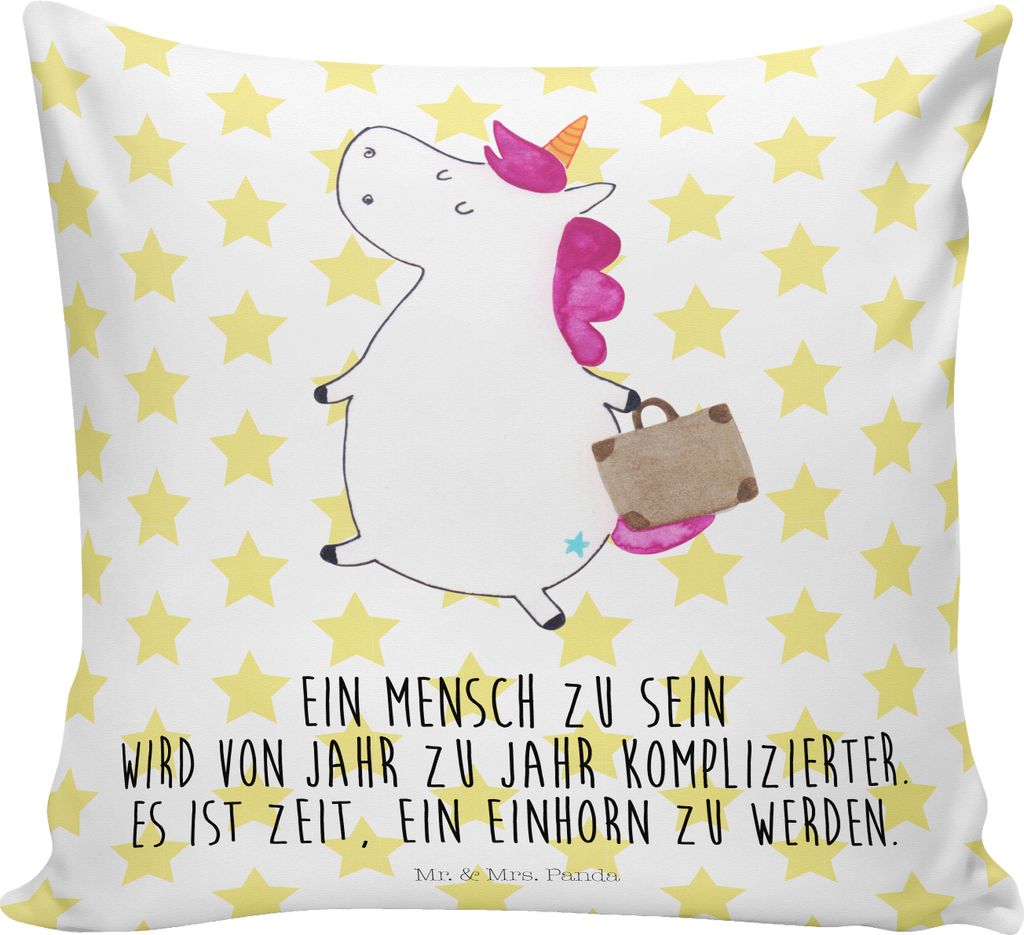 Mr. & Mrs. Panda Dekokissen Einhorn Koffer - Weiß - Geschenk, Gepäck, Sofakissen, Reise, Einhörner, kissen für sofa, Deko, kuschelkissen 40x40,...